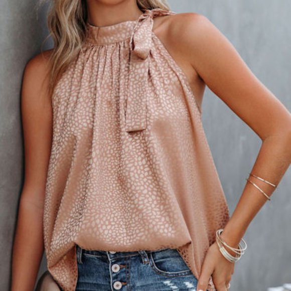 Pink Sleeveless Tie Mock Neck Leopard Tank Top  Size L - Picture 2 of 11